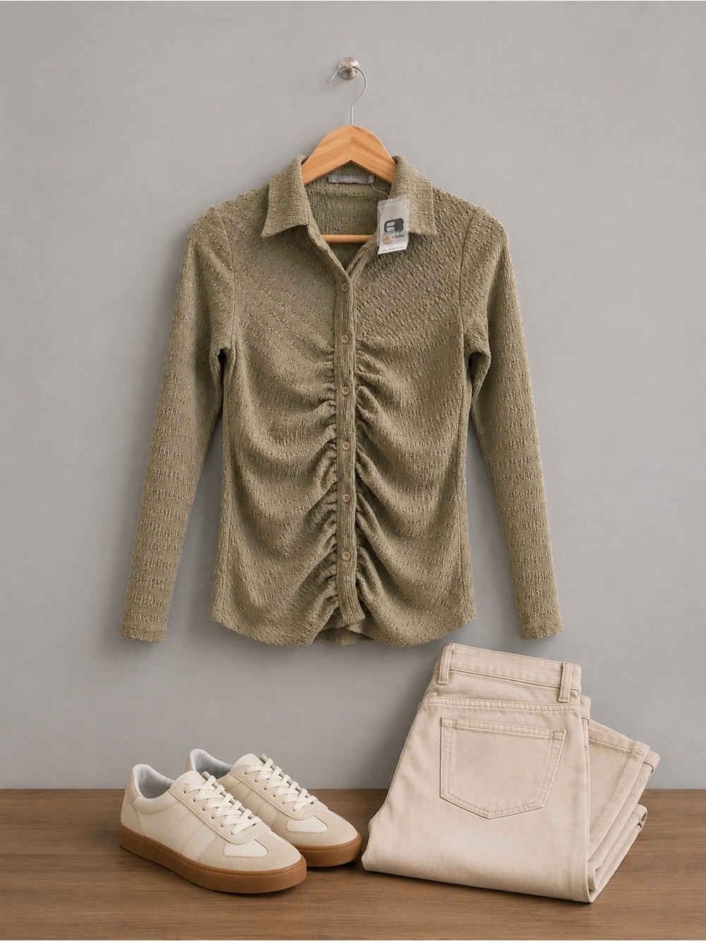 BKE Olive Green Ruched Button-Front Collared Top - Picture 2 of 8